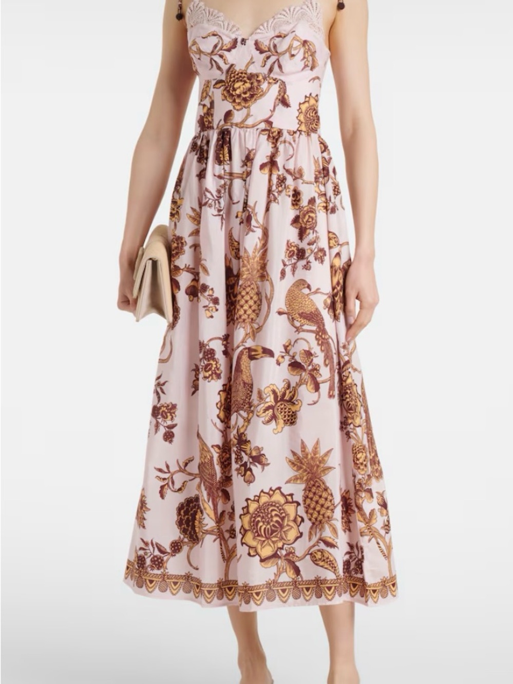 FARM Rio Pink Midi Dress with Brown & Gold Botanical Pineapple Print